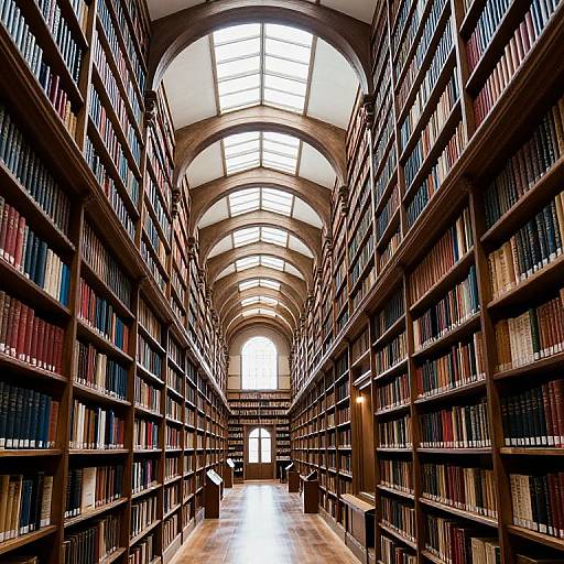Photograph of a grand, illuminated library with tall, wooden bookshelves filled with colorful books, arched ceiling, and bright skylights.