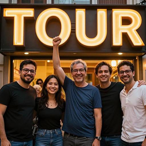Joyful Group Posing Under TOUR Sign