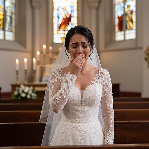 Photograph of a tearful bride in a white lace wedding dress and veil, standing in a dimly lit church with candles and stained glass windows in