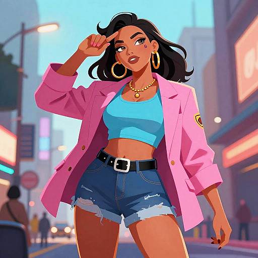 Digital illustration of a confident, dark-skinned woman in a pink blazer, blue crop top, and denim shorts, walking a city street at dusk