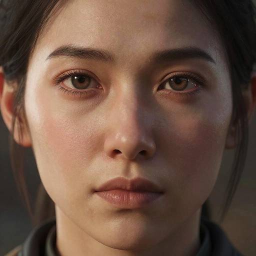 Close-up photograph of a young Asian woman with fair skin, brown eyes, and subtle makeup, looking directly at the camera with a neutral expression. Soft