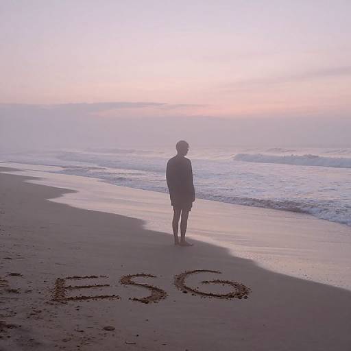 Silhouetted man standing on misty beach at sunset, facing ocean, wearing shorts and shirt, with 