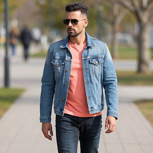 Photograph of a handsome, bearded man with short black hair, wearing dark sunglasses, a blue denim jacket over an orange t-shirt, and black