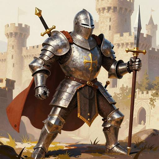 Digital painting of a knight in shiny silver armor with a red cape, holding a sword, standing in front of a medieval castle. Sunlight highlights armor