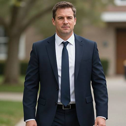Photograph of a clean-shaven, middle-aged white man with short brown hair, wearing a black suit, white shirt, and black tie, standing