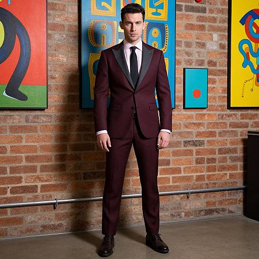 Photograph of a tall, handsome man in a dark brown suit with black lapels, white shirt, and black tie, standing in front of colorful