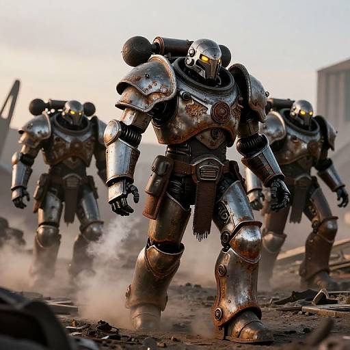 Photorealistic CGI of four heavily armored, metallic robots with glowing yellow eyes, marching through a dusty, war-torn desert landscape.