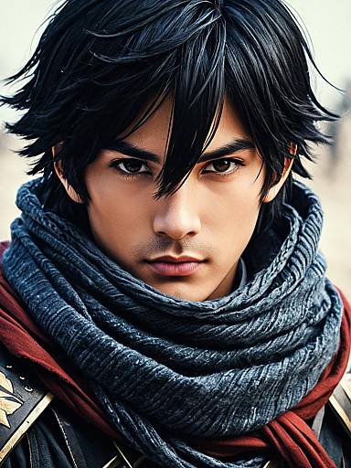 Anime Male Warrior in Black Hair and Scarf