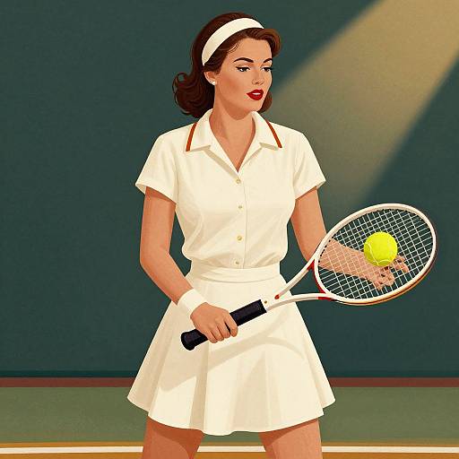 Digital illustration of a vintage-style woman with dark hair, red lipstick, white tennis dress, holding a racket, and yellow tennis ball.