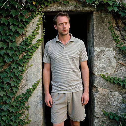 Photograph of a serious, Caucasian man with short brown hair, wearing a white striped polo and beige shorts, standing in a vine-covered stone doorway.