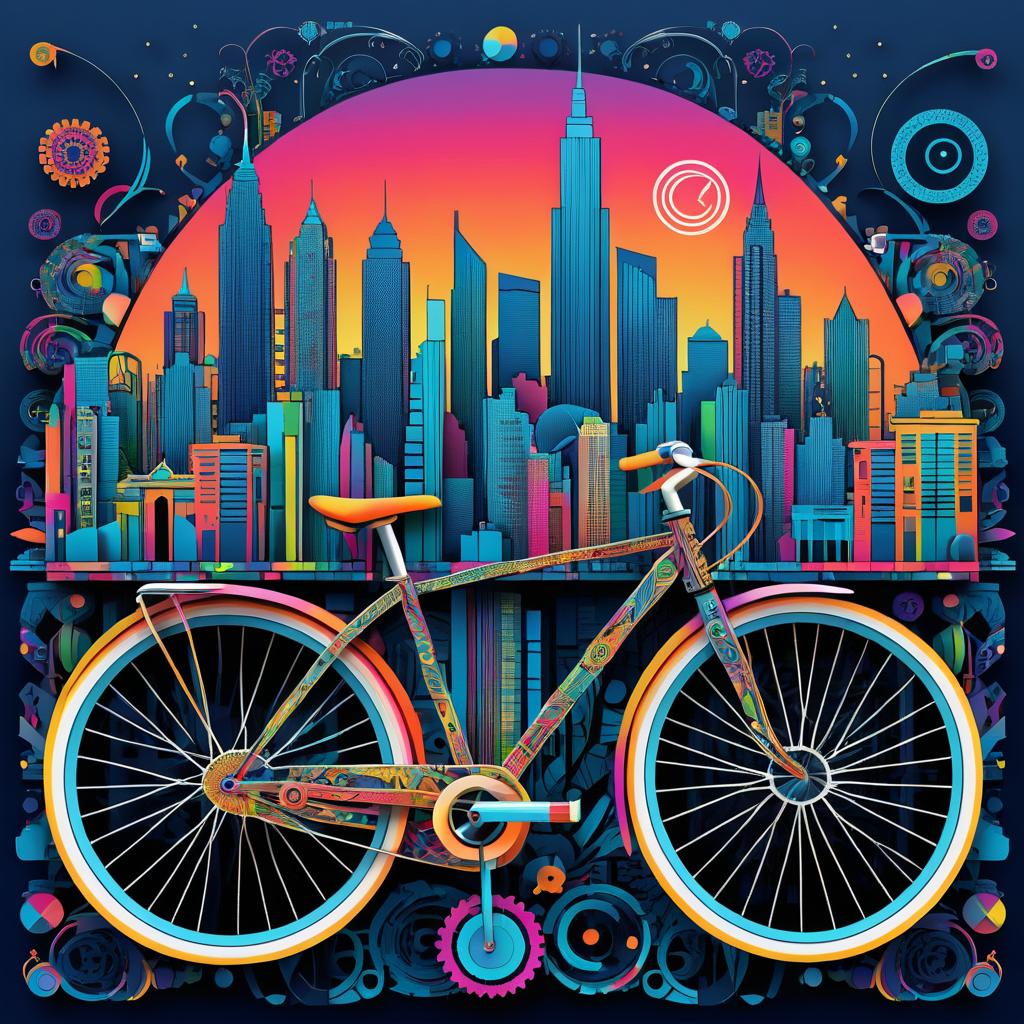 Urban Bicycle Art with City Skyline