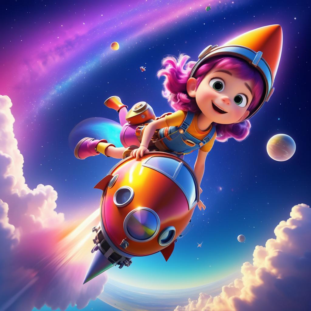 Whimsical Girl in Rocket Launch Adventure