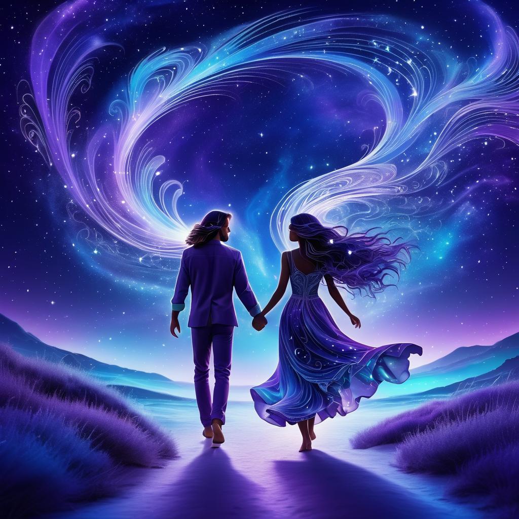 Couple Under Stars with Glowing Waves