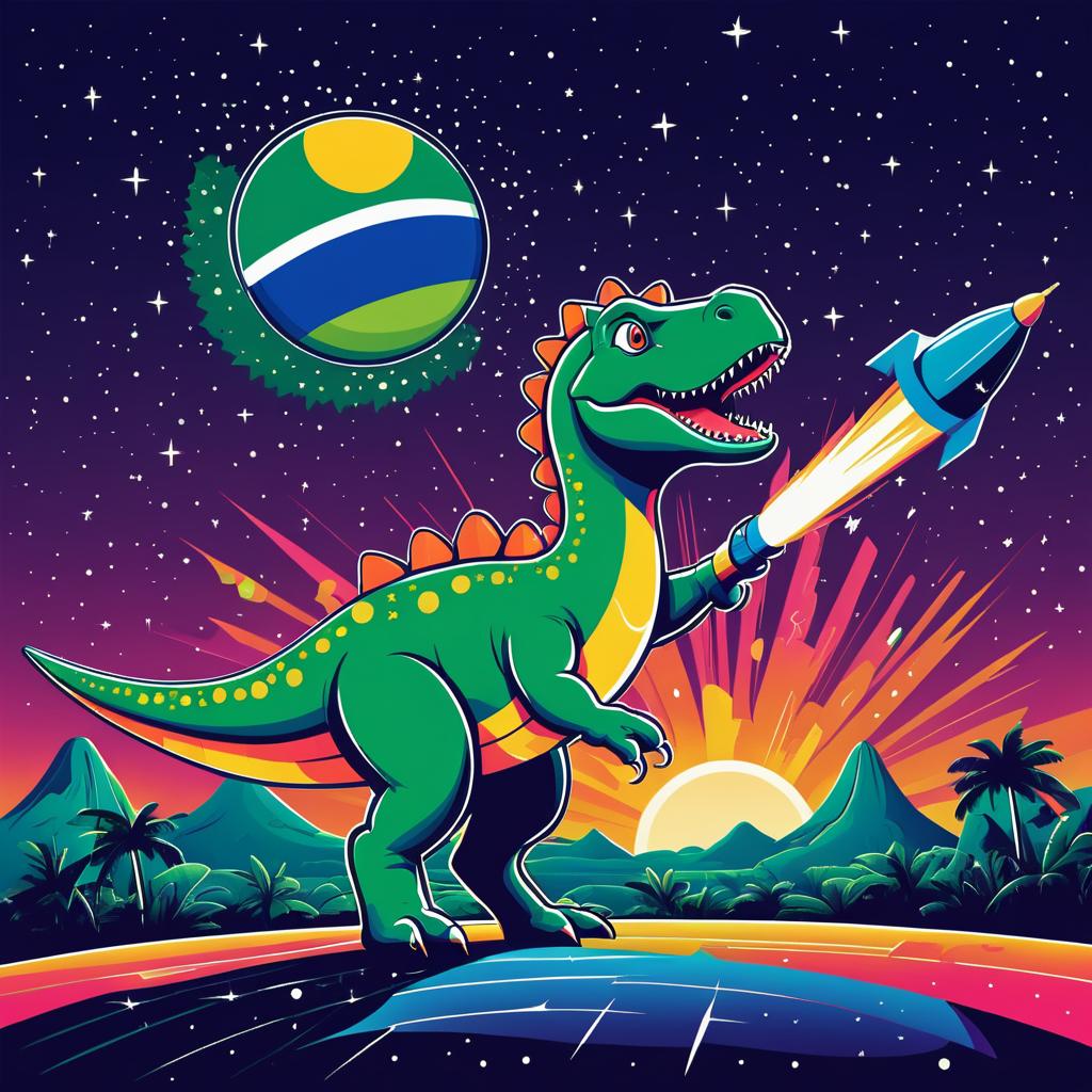 Vibrant Retro Dinosaur Launching into Space