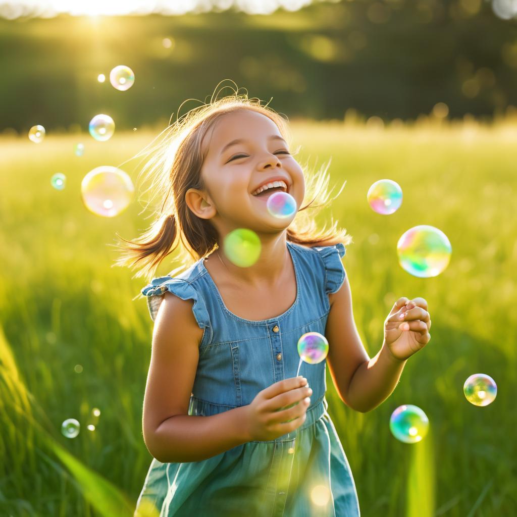 Joyful Young Girl Blowing Bubbles Outdoors