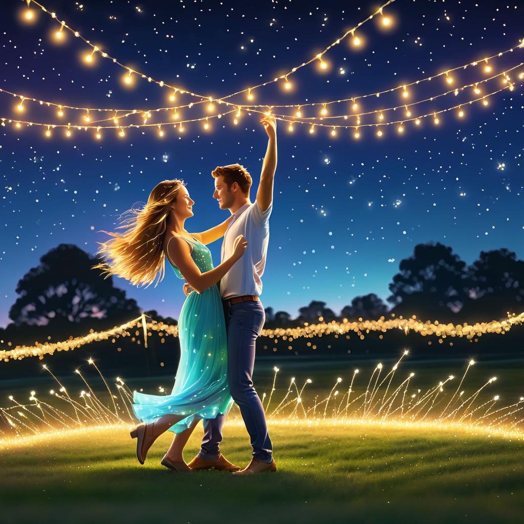 Joyful Couple Dancing Under Fairy Lights