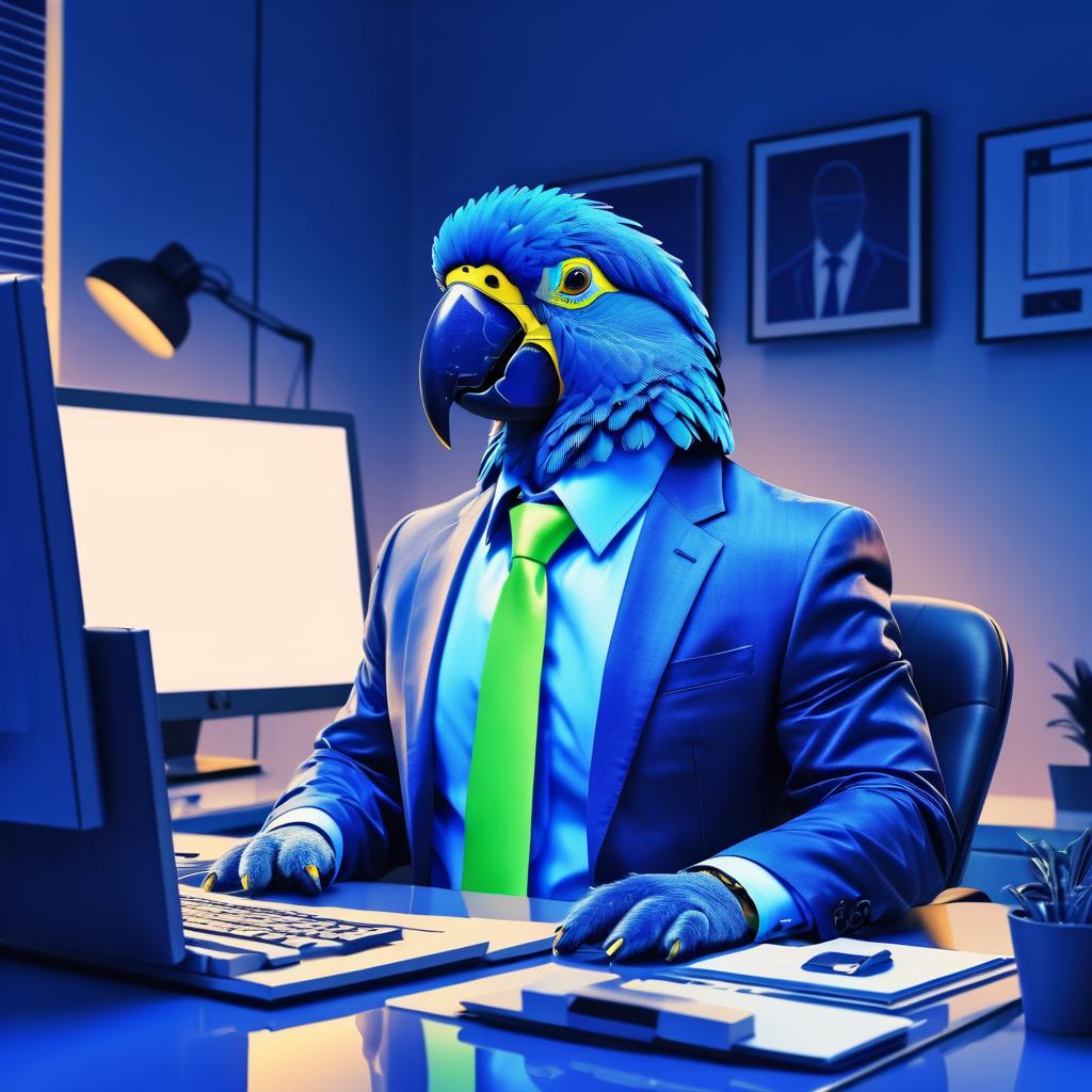 Surreal Office Scene with Blue Parrot