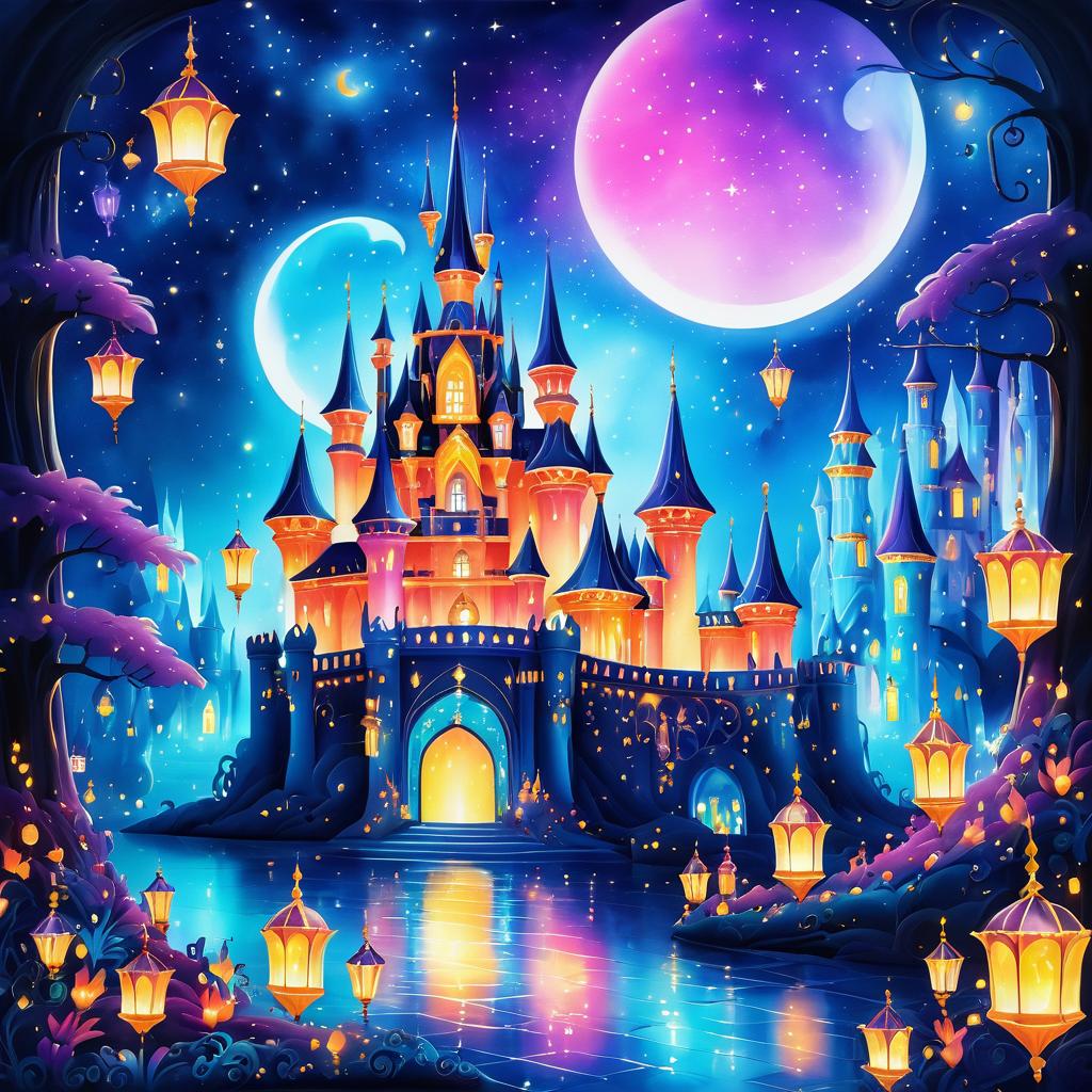 Enchanted Castle with Floating Lanterns