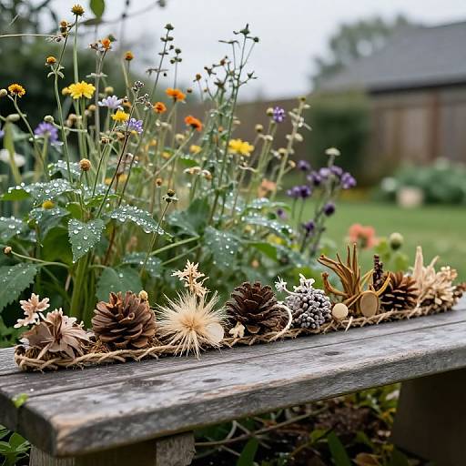 Photograph of a rustic wooden garden bench adorned with dried pinecones and wildflowers, set against a lush, dewy garden backdrop.
