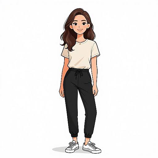 Digital illustration of a young woman with long brown hair, wearing a white t-shirt, black high-waisted pants, and white sneakers, standing against