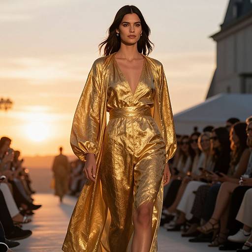 Photograph of a model in a shimmering gold, long-sleeve, V-neck jumpsuit, walking a sunset-lit runway, with seated