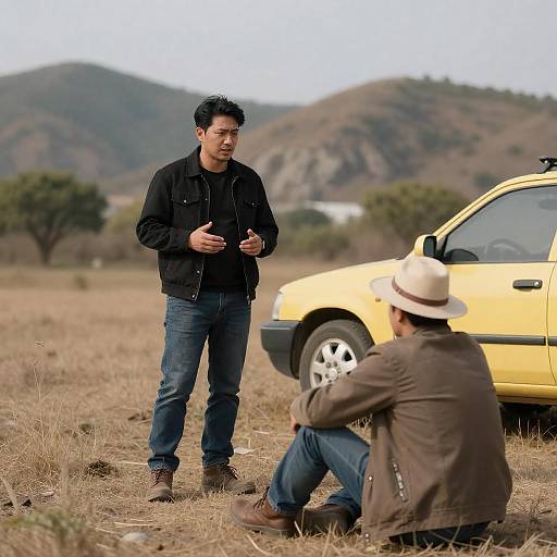 Men Talking by Yellow Car in Field