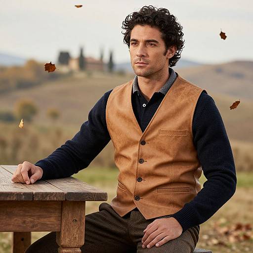Photograph of a handsome man with curly black hair, wearing a tan leather vest over a black sweater, sitting outdoors with autumn leaves falling, blurred hills