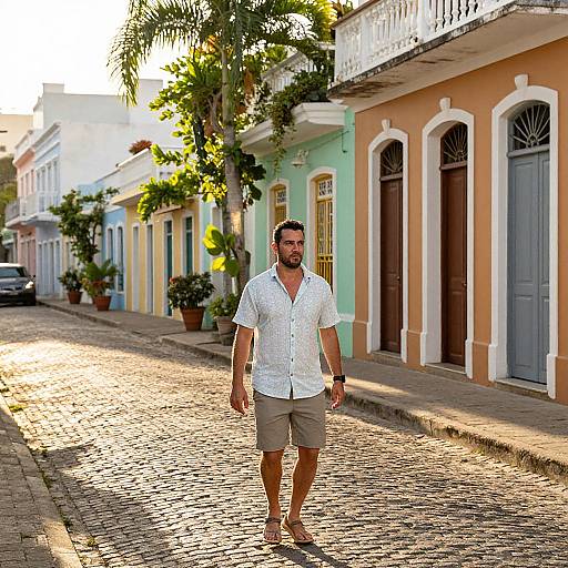 Photograph of a bearded man in a white checkered shirt and khaki shorts walking down a sunlit, cobblestone street with colorful colonial
