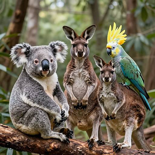 Photograph of a koala, three kangaroos, and a yellow-headed cockatoo perched on a tree branch in a lush forest.