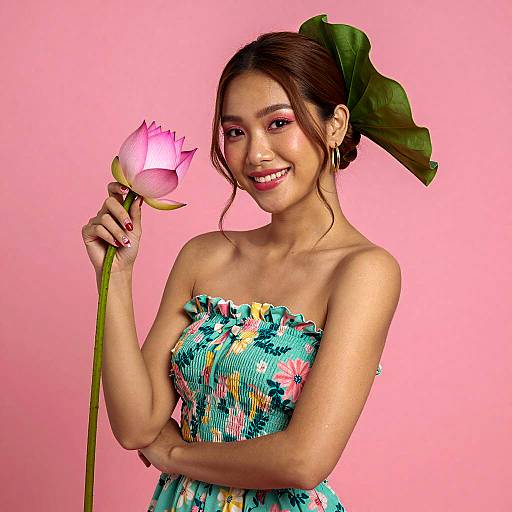 Asian Woman Holding Pink Lotus Bud