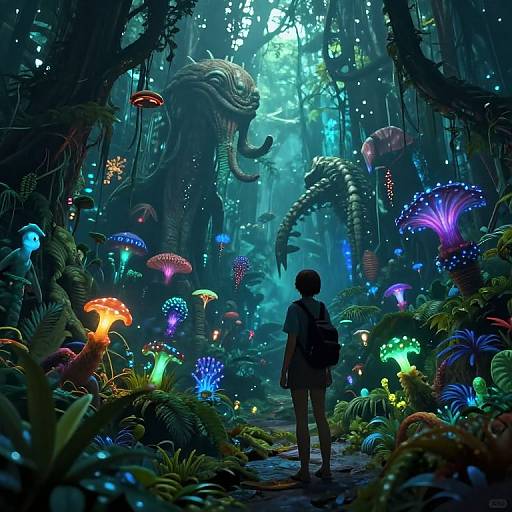 Digital fantasy artwork: A small child with a backpack stands in a vibrant, bioluminescent forest, facing a towering, serpent-like creature among glowing