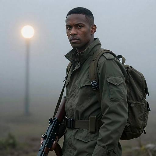 Photograph of a serious, dark-skinned man with short hair, wearing an olive green military jacket, backpack, and holding a rifle, standing in