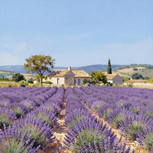 Digital painting of a sunlit, stone farmhouse with a tiled roof, surrounded by vibrant purple lavender fields under a clear blue sky.