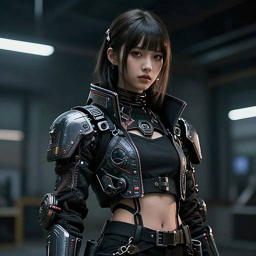 Digital CGI of a young Asian woman with black hair, wearing futuristic, cyberpunk-style black armor with metallic shoulder plates, in a dimly lit industrial