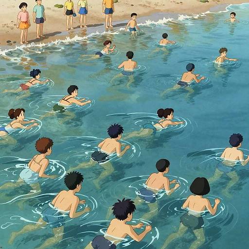 Painterly Beach Crowd in Ghibli Style