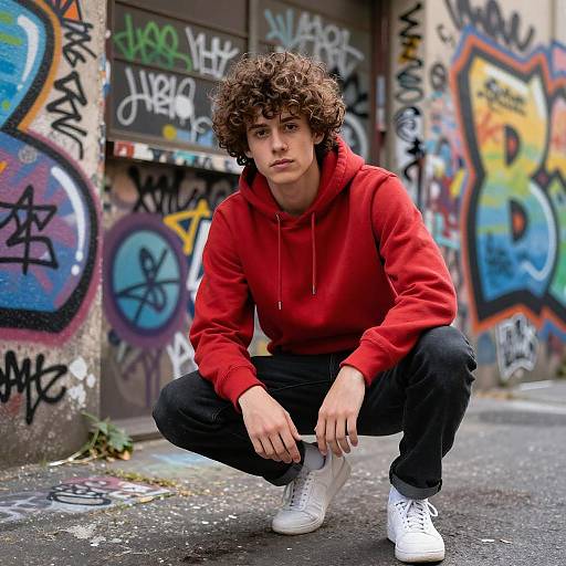 Photograph of a young man with curly brown hair, wearing a red hoodie, black pants, and white sneakers, squatting in a graffiti-covered urban