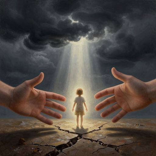 Digital artwork of a small child with short hair standing on cracked earth, illuminated by rays of light, between two outstretched hands, under a dark