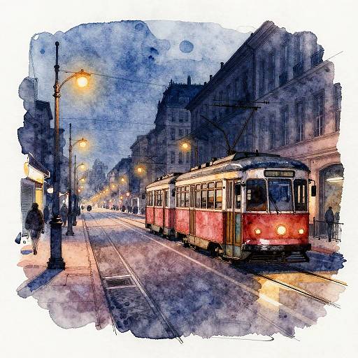Watercolor Tram Avenue at Twilight