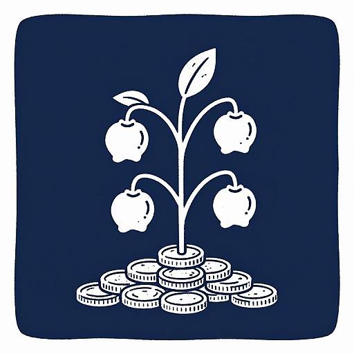 White silhouette of apple tree with three apples growing from coins, against dark blue background; minimalist, digital illustration style.