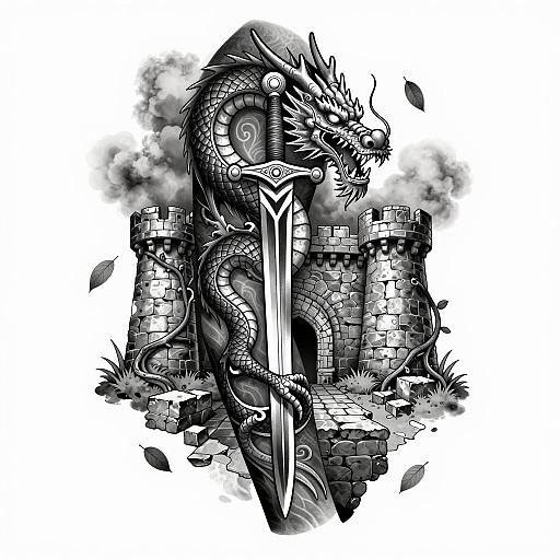 Celestial Dragon and Ancient Sword Tattoo