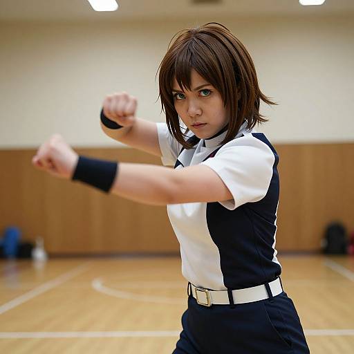 Young Woman in Hero Costume Performing Combat Stance