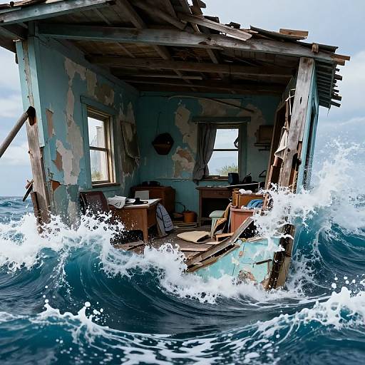 Photorealistic digital art: Weathered, blue-painted wooden shack with broken windows, chairs, and tables, surrounded by crashing ocean waves under a