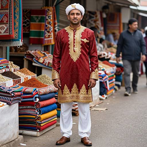 Photograph of a South Asian man in a red and gold embroidered kurta, white pants, and white turban, standing in a vibrant market stall