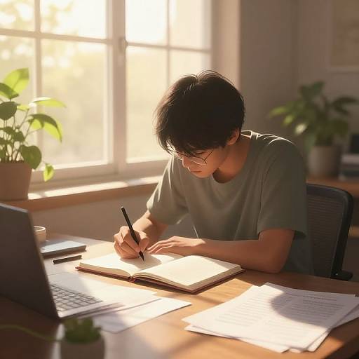 Photograph of an Asian man with short black hair and glasses, wearing a gray t-shirt, writing in a notebook by sunlight-filled window, surrounded by