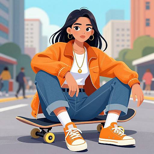 Stylish Woman on Skateboard in City