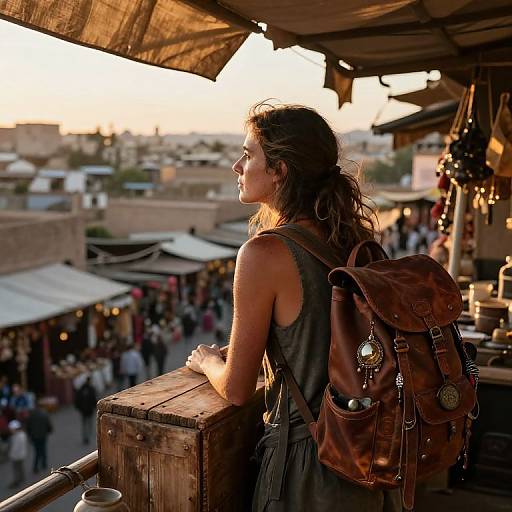 Photograph of a young woman with wavy brown hair, wearing a sleeveless gray dress and brown leather backpack, gazing at a bustling market at