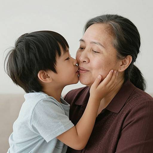Photograph of an Asian woman with long black hair, wearing a maroon top, and a young boy kissing her cheek, wearing a light blue shirt