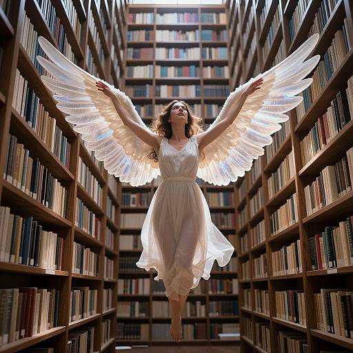 Photograph of a woman with glowing white angel wings, wearing a flowing white dress, floating between tall bookshelves in a library.