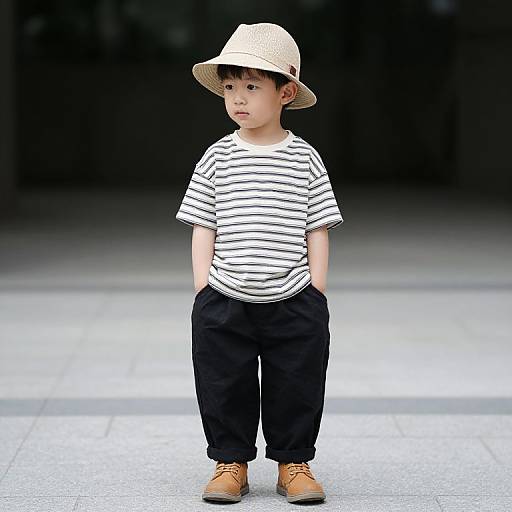Photograph of a young Asian boy with light skin, wearing a white straw hat, black pants, striped shirt, and brown shoes, standing with hands