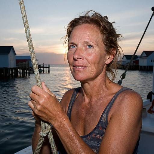 Photograph of a sunlit, middle-aged woman with wavy brown hair, holding a rope, wearing a dark tank top, smiling at a serene